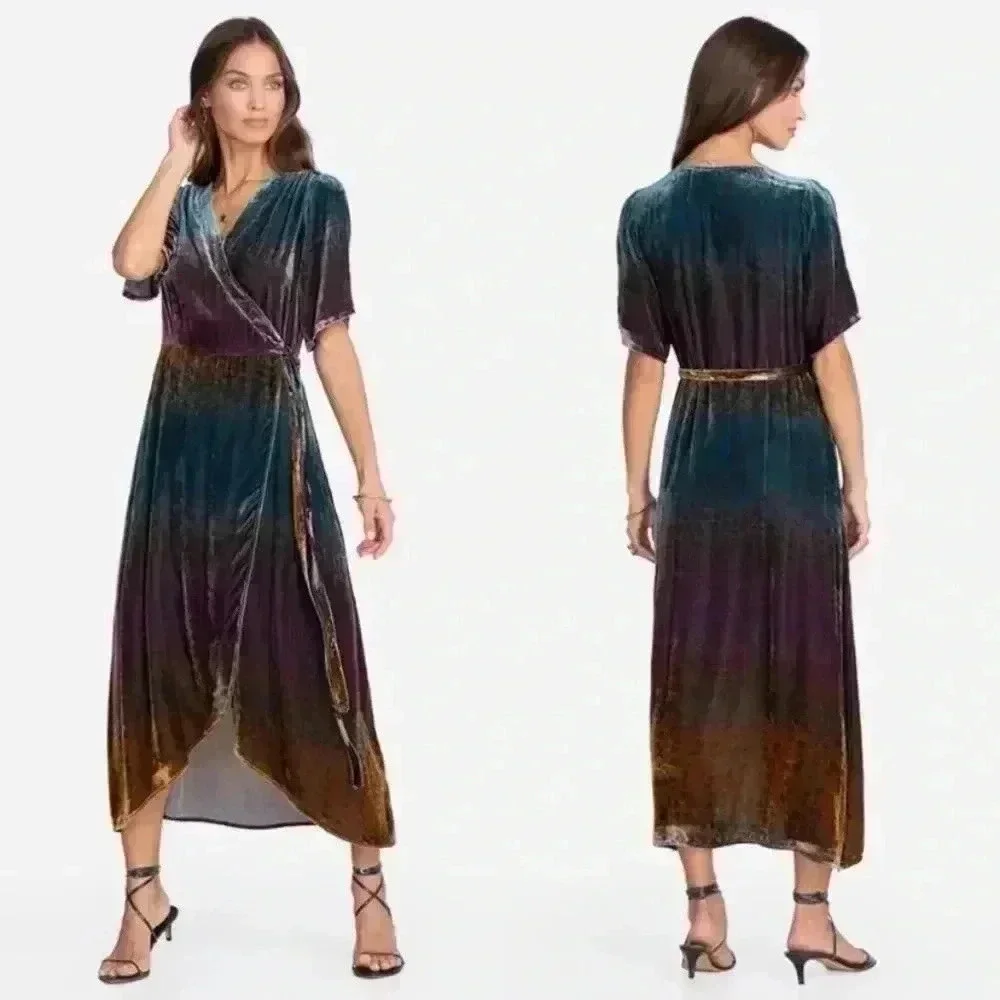 NWOT JOHNNY WAS Ombre Cheetah Print Velvet Midi Silk Wrap Dress Size XS - Picture 8 of 16